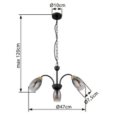 Závěsné svítidlo kov černý matný, sklo kouřové barvy, kov imitace dřeva, kabel PVC černý, Ø:470mm, V:1200mm, bez žárovek 3xE14 25W 230V