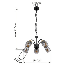 Závěsné svítidlo kov černý matný, sklo kouřové barvy, kov imitace dřeva, kabel PVC černý, Ø:470mm, V:1200mm, bez žárovek 5xE14 25W 230V