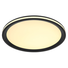 Stropní svítidlo, kov černý, plast opál, hliník černý, několik úrovní pomocí nástěnného vypínače, pam. funkce, úroveň 1: hlavní světlo, úroveň 2: světlo na boční straně, úroveň 3: obě světla, Ø:300mm V:50mm, LED 30W 230V, 1200lm výstup, 3000K