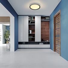 Stropní svítidlo, kov černý, plast opál, hliník černý, několik úrovní pomocí nástěnného vypínače, pam. funkce, úroveň 1: hlavní světlo, úroveň 2: světlo na boční straně, úroveň 3: obě světla, Ø:300mm V:50mm, LED 30W 230V, 1200lm výstup, 3000K