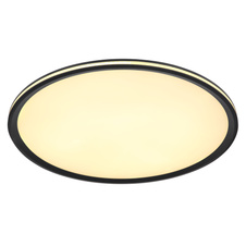 Stropní svítidlo, kov, hliník černý matný, plast opál, několik úrovní pomocí nástěnného vypínače, pam. funkce, úroveň 1: hlavní světlo, úroveň 2: světlo na boční straně, úroveň 3: obě světla, Ø:500mm, V:50mm, LED 58W 230V, 2600lm výstup, 3000K