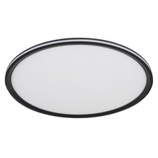 Stropní svítidlo, kov, hliník černý matný, plast opál, několik úrovní pomocí nástěnného vypínače, pam. funkce, úroveň 1: hlavní světlo, úroveň 2: světlo na boční straně, úroveň 3: obě světla, Ø:500mm, V:50mm, LED 58W 230V, 2600lm výstup, 3000K