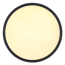 Stropní svítidlo, kov, hliník černý matný, plast opál, několik úrovní pomocí nástěnného vypínače, pam. funkce, úroveň 1: hlavní světlo, úroveň 2: světlo na boční straně, úroveň 3: obě světla, Ø:500mm, V:50mm, LED 58W 230V, 2600lm výstup, 3000K