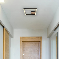 Stropní svítidlo, kov černý matný, MDF se vzhledem dřeva, plast černý matný, plast bílý, DxŠxV:270x270x54mm, včetně LED 12W 230V, 1350lm zdroj, 600lm výstup, 3000K