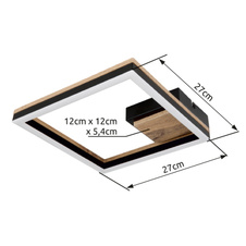 Stropní svítidlo, kov černý matný, MDF se vzhledem dřeva, plast černý matný, plast bílý, DxŠxV:270x270x54mm, včetně LED 12W 230V, 1350lm zdroj, 600lm výstup, 3000K