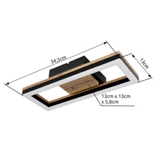 Stropní svítidlo, kov černý matný, MDF se vzhledem dřeva, plast černý matný, plast bílý, DxŠxV:345x130x58mm, včetně LED 12W 230V, 1350lm zdroj, 600lm výstup, 3000K