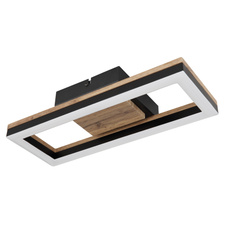 Stropní svítidlo, kov černý matný, MDF se vzhledem dřeva, plast černý matný, plast bílý, DxŠxV:345x130x58mm, včetně LED 12W 230V, 1350lm zdroj, 600lm výstup, 3000K