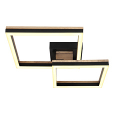 Stropní svítidlo, kov černý matný, MDF se vzhledem dřeva, plast černý matný, plast bílý, otočné, výklopné, DxŠxV:490x380x93mm, malý čtverec 22x22cm, velký čtverec 27x27cm, včetně LED 18W 230V, 2100lm zdroj, 1100lm výstup, 3000K