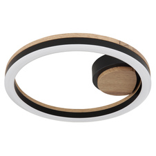 Stropní svítidlo, kov černý matný, MDF se vzhledem dřeva, plast černý matný, plast bílý, Ø:300mm, V:58mm, včetně LED 12W 230V, 1350lm zdroj, 600lm výstup, 3000K