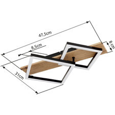 Stropní svítidlo, kov černý matný, MDF se vzhledem dřeva, plast černý matný, plast bílý, DxŠxV:475x310x85mm, včetně LED 18W 230V, 2100lm zdroj, 1050lm výstup, 3000K