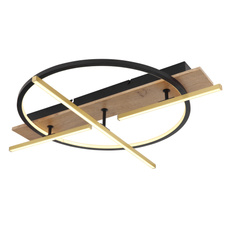 Stropní svítidlo, kov, hliník černý, MDF se vzhledem dřeva, mosaz, plast opál, několik úrovní přes nástěnný vypínač, pam. funkce, otočné, 3 úrovně: 1. rameno, 2. vnitřní rámy, 3. obě spolu, DxŠxV:700x600x115mm, LED 44W 230V, 1800lm výstup, 3000K