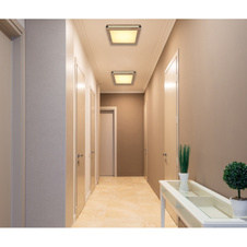 Stropní svítidlo, kov bílý a černý, MDF se vzhledem dřeva, plast bílý, několik úrovní přes nástěnný vypínač, pam.funkce, 3 úrovně: 1. hlavní světlo, 2. boční světla, 3. obě spolu, DxŠxV:300x300x75mm, LED 12W 230V 750lm + LED 12W 230V 630lm, 3000K