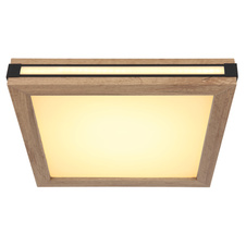 Stropní svítidlo, kov bílý a černý, MDF se vzhledem dřeva, plast bílý, několik úrovní přes nástěnný vypínač, pam.funkce, 3 úrovně: 1. hlavní světlo, 2. boční světla, 3. obě spolu, DxŠxV:300x300x75mm, LED 12W 230V 750lm + LED 12W 230V 630lm, 3000K