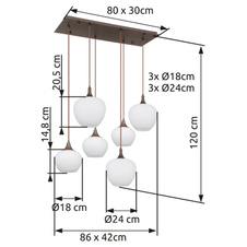 Závěsné svítidlo, kov barva kávy, sklo bílé, textilní kabel černý, 2 velikosti skel, DxŠxV:860x420x1200mm, sklo Ø:3x18cm a 24cm, bez žárovek 6x E27, max. 2 40W 230V