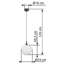 Závěsné svítidlo, kov barva kávy, sklo bílé, kabel textil hnědý, Ø:240mm, V:1200mm, bez žárovky 1xE27, max. 60W 230V