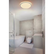 Stropní svítidlo, plast niklová barva, satinovaný, bílý, několik úrovní přes nástěnný spínač, podsvícení, pam.funkce, IP44, 3 úrovně přes nástěnný spínač (100-50-10%), Ø:420mm, V:25mm, včetně LED 24W 230V, 2300lm výstup, 3000K