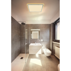 Stropní svítidlo, plast niklová barva, satinovaný, bílý, několik úrovní přes nástěnný spínač, podsvícení, pam. funkce, IP44, 3 úrovně osvětlení přes nástěnný spínač (100-50-10%), DxŠxV:420x420x25mm, včetně LED 24W 230V, 2300lm výstup, 3000K