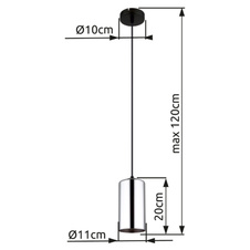 Závěsné svítidlo kov černý matný, sklo kouřové barvy, kabel PVC černý, Ø:110mm, V:1200mm, bez žárovky 1xE27 25W 230V