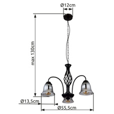 Závěsné svítidlo, kov černý matný, kouřové sklo, kabel PVC černý, Ø:555mm, V:1300mm, bez žárovek 3xE27,max. 60W 230V