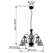 Závěsné svítidlo, kov černý matný, kouřové sklo, kabel PVC černý, Ø:555mm, V:1300mm, bez žárovek 5xE27,max. 60W 230V