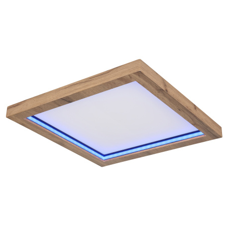 Stropní svítidlo, kov černý matný, MDF se vzhledem dřeva, plast opál, stmívatelné, několik úrovní přes nástěnný spínač, RGB duhový efekt, pam. funkce, noční světlo, dál. ovládání, DxŠxV:400x400x65mm, LED 24W+6W RGB 230V,1600lm výstup, 2700-6000K