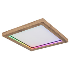 Stropní svítidlo, kov černý matný, MDF se vzhledem dřeva, plast opál, stmívatelné, několik úrovní přes nástěnný spínač, RGB duhový efekt, pam. funkce, noční světlo, dál. ovládání, DxŠxV:400x400x65mm, LED 24W+6W RGB 230V,1600lm výstup, 2700-6000K