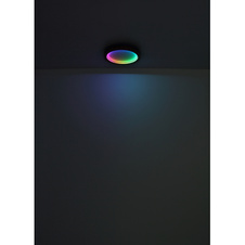 Stropní svítidlo, kov černý matný, MDF se vzhledem dřeva, plast opál, stmívatelné, několik úrovní přes nástěnný spínač, RGB duhový efekt, pam. funkce, noční světlo, dál. ovládání, DxŠxV:400x400x65mm, LED 24W+6W RGB 230V,1600lm výstup, 2700-6000K