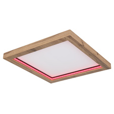 Stropní svítidlo, kov černý matný, MDF se vzhledem dřeva, plast opál, stmívatelné, několik úrovní přes nástěnný spínač, RGB duhový efekt, pam. funkce, noční světlo, dál. ovládání, DxŠxV:400x400x65mm, LED 24W+6W RGB 230V,1600lm výstup, 2700-6000K