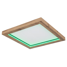 Stropní svítidlo, kov černý matný, MDF se vzhledem dřeva, plast opál, stmívatelné, několik úrovní přes nástěnný spínač, RGB duhový efekt, pam. funkce, noční světlo, dál. ovládání, DxŠxV:400x400x65mm, LED 24W+6W RGB 230V,1600lm výstup, 2700-6000K
