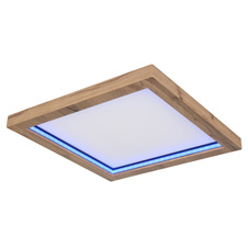 Stropní svítidlo, kov černý matný, MDF se vzhledem dřeva, plast opál, stmívatelné, několik úrovní přes nástěnný spínač, RGB duhový efekt, pam. funkce, noční světlo, dál. ovládání, DxŠxV:400x400x65mm, LED 24W+6W RGB 230V,1600lm výstup, 2700-6000K
