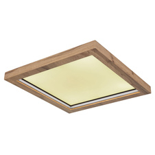 Stropní svítidlo, kov černý matný, MDF se vzhledem dřeva, plast opál, stmívatelné, několik úrovní přes nástěnný spínač, RGB duhový efekt, pam. funkce, noční světlo, dál. ovládání, DxŠxV:400x400x65mm, LED 24W+6W RGB 230V,1600lm výstup, 2700-6000K