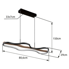 Závěsné svítidlo, kov, hliník černý matný, dřevo, stmívatelné, několik úrovní pomocí nástěnného vypínače, fixace barev, pam. funkce, noční světlo, dál. ovládání, DxŠxV:806x286x1500mm, LED 30W 230V, 3750lm zdroj, 2700-6000K