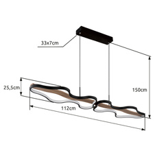 Závěsné svítidlo, kov, hliník černý matný, dřevo, stmívatelné, několik úrovní pomocí nástěnného vypínače, fixace barev, pam. funkce, noční světlo, dál. ovládání, DxŠxV:1120x254x1500mm, LED 36W 230V, 4500lm zdroj, 2700-6000K