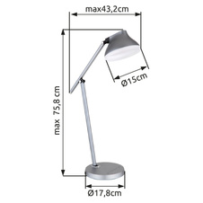 Stolní lampa, hliník a plast šedý, plast bílý, kabel PVC černý, dotykové zapnutí/vypnutí, stmívatelné, plynulý dotykový stmívač, pam. funkce, časovač, DxŠxV:432x178x758mm, délka kabelu 1300mm, včetně LED 8W 230V, 44-450lm výstup, 4000K