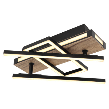 Stropní svítidlo, kov, hliník černý matný, MDF se vzhledem dřeva, plast opál, několik úrovní přes nástěnný vypínač, pam. funkce, otočné, 3 úrovně: 1.hlavní světlo, 2.LED v rámu, 3.obě spolu, DxŠxV:680x460x120mm, LED 20W 1200lm+10W 230V, 600lm, 3000K
