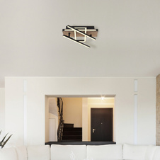 Stropní svítidlo, kov, hliník černý matný, MDF se vzhledem dřeva, plast opál, několik úrovní přes nástěnný vypínač, pam. funkce, otočné, 3 úrovně: 1.hlavní světlo, 2.LED v rámu, 3.obě spolu, DxŠxV:680x460x120mm, LED 20W 1200lm+10W 230V, 600lm, 3000K