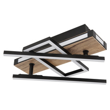 Stropní svítidlo, kov, hliník černý matný, MDF se vzhledem dřeva, plast opál, několik úrovní přes nástěnný vypínač, pam. funkce, otočné, 3 úrovně: 1.hlavní světlo, 2.LED v rámu, 3.obě spolu, DxŠxV:680x460x120mm, LED 20W 1200lm+10W 230V, 600lm, 3000K