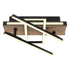 Stropní svítidlo, kov, hliník černý matný, MDF se vzhledem dřeva, plast opál, několik úrovní přes nástěnný vypínač, pam. funkce, otočné, 3 úrovně: 1.hlavní světlo, 2.LED v rámu, 3.obě spolu, DxŠxV:680x460x120mm, LED 20W 1200lm+10W 230V, 600lm, 3000K