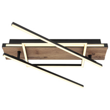 Stropní svítidlo, kov, hliník černý matný, MDF se vzhledem dřeva, plast opál, několik úrovní přes nástěnný vypínač, pam. funkce, otočné, 3 úrovně: 1.hlavní světlo,2. LED v rámu,3. obě spolu, DxŠxV:1200x880x120mm, LED 30W 1800lm+10W 230V, 600lm, 3000K