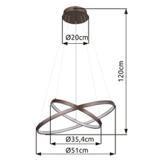 Závěsné svítidlo, kov kávová barva matná, plast bílý, stmívatelné, pam. funkce, výškově nastavitelné, pohyblivé, plynule stmívatelné pomocí nástěnného vypínače od 10% - 100%, Ø:510mm, V:1200mm, LED 42W 230V, 150-1500lm výstup, 3000K