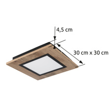 Stropní svítidlo kov černý matný, MDF imitace dřeva, plast bílý, DxŠxV:300x300x45mm, LED 12W 230V, 1400lm zdroj, 600lm výstup, 3000K