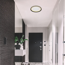 Stropní svítidlo kov bílý, akryl zrcadlový, hliník černý, stmívatelné, několik úrovní pomocí nástěnného spínače, paměťová funkce, noční světlo, dálkové ovládání, efekt "Crystal-Sand", Ø:415mm, V:60mm, LED 24W 230V, 90-1000lm, CCT2700-6000K