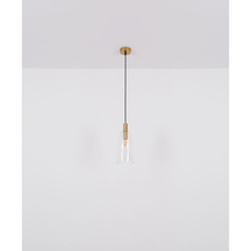 Závěsné svítidlo kov mosaz, hliník mosaz, čiré sklo, kabel PVC černý, možnost nastavení výšky, 3 různá skla, Ø:430mm, V:1500mm, bez žárovek 3x E14 40W 230V