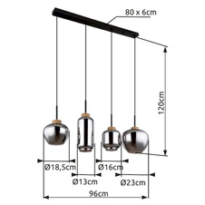 Závěsné svítidlo kov černý matný, sklo kouřové barvy, konopí přírodní barva, kabel PVC černý, 4 různé tvary skla, DxŠxV:960x230x1200mm, Ø:stínítka: 18,5cm, 12cm, 16cm, 23cm, bez žárovek 4xE27 40W, 230V