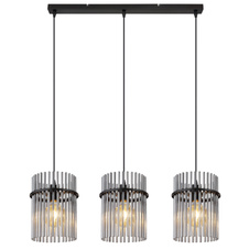 Závěsné svítidlo, kov černý matný, skleněné tyčinky kouřové barvy, kabel PVC černý, DxŠxV:800x200x1400mm, bez žárovek 3xE27, max. 60W 230V