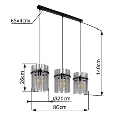 Závěsné svítidlo, kov černý matný, skleněné tyčinky kouřové barvy, kabel PVC černý, DxŠxV:800x200x1400mm, bez žárovek 3xE27, max. 60W 230V