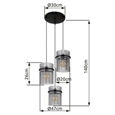 Závěsné svítidlo, kov černý matný, skleněné tyčinky kouřové barvy, kabel PVC černý, Ø:470mm, V:1400mm, bez žárovek 3xE27,max. 60W 230V