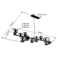 Závěsné svítidlo, kov černý matný, sklo kouřové, kabel PVC transparentní, DxŠxV:1200x345x1200mm, sklo Ø:6x10cm, 5x12cm, 2x15cm, včetně žárovek 13xG9 LED, max. 3,5W 230V, 350lm zdroj, 130lm výstup, 3000K