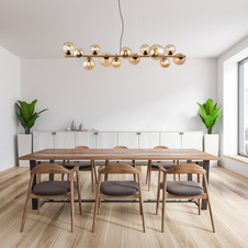 Závěsné svítidlo, kov černý matný, mosaz, sklo jantarové, kabel PVC transparentní, DxŠxV: 1200x345x1200mm, sklo Ø:6x10cm, 5x12cm, 2x15cm, včetně žárovek 13xG9 LED, max. 3,5W 230V, 350lm zdroj, 290lm výstup, 3000K