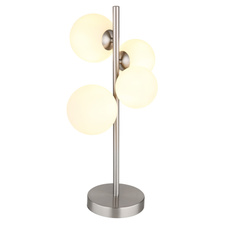 Stolní lampa, nikl, sklo opál, kabel PVC černý, kolébkový vypínač na kabelu, DxŠxV:270x230x510mm, délka kabelu 1500mm, sklo Ø:2x10cm, 2x12cm, včetně žárovek 4xG9 LED, max. 3,5W 230V, 350lm zdroj, 310lm výstup, 3000K